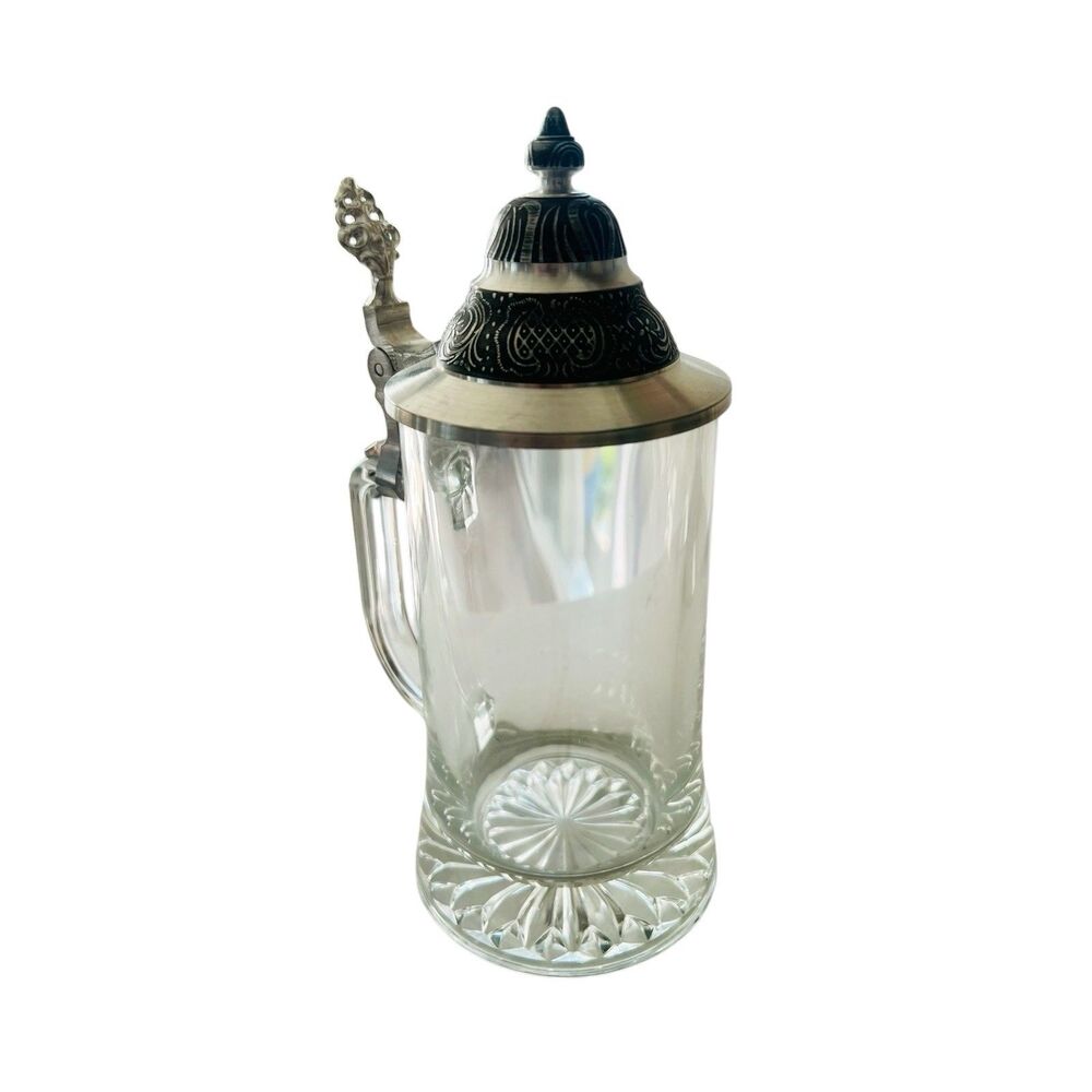Vintage German Clear Glass Beer Stein with Pewter Hinged Lid Etched Lidded Mug